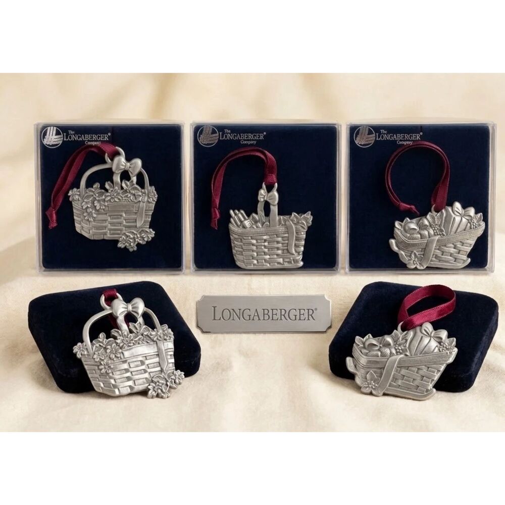 Longaberger Pewter Ornaments Basket Collectible 5pc lot Vintage 80s retired